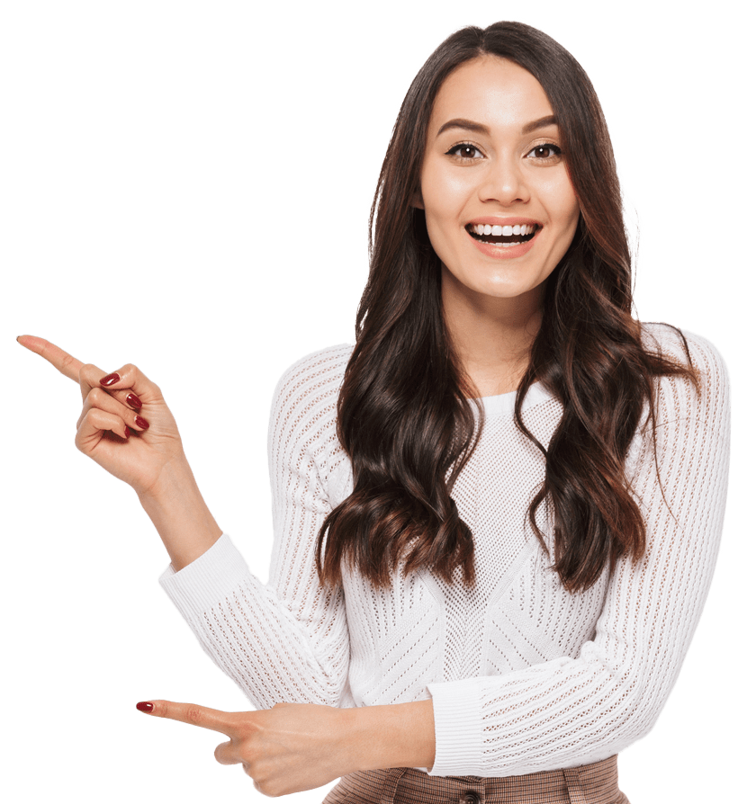 Smiling woman in a white sweater enthusiastically points to the right, promoting engagement or highlighting information.